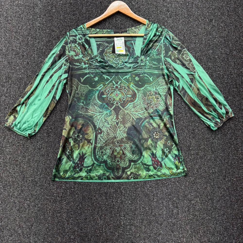 B.L.E.U. Paisley Rhinestone Blouse Women Medium Green NWT y2k whimsigoth fairy